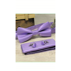 Set vlinderstrik pochet manchetknopen paars wit klein ruitje